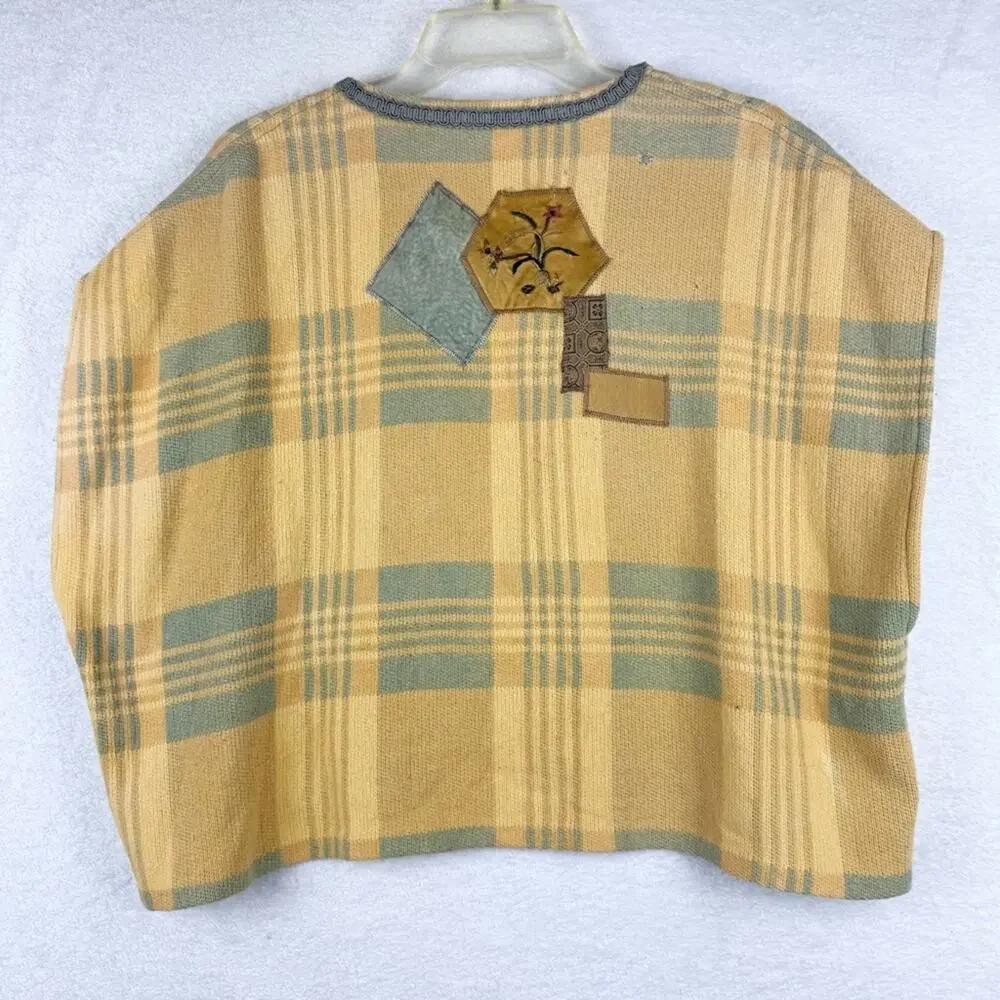 Vintage Artsy Lagenlook Patchwork Knit Single Button Poncho Wrap Shawl Yellow OS